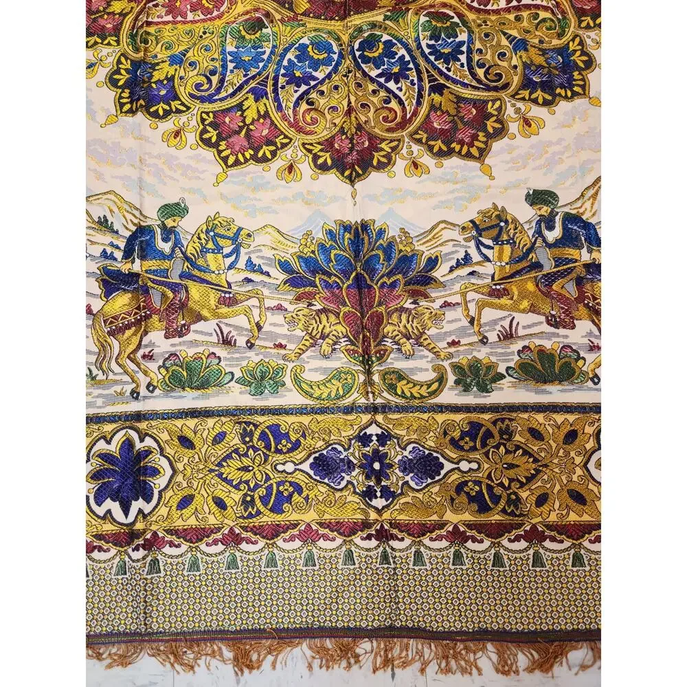 Vtg Indo-Persian silk Tapestry, wall hanging Traditional Hunting Scene 99x76.5